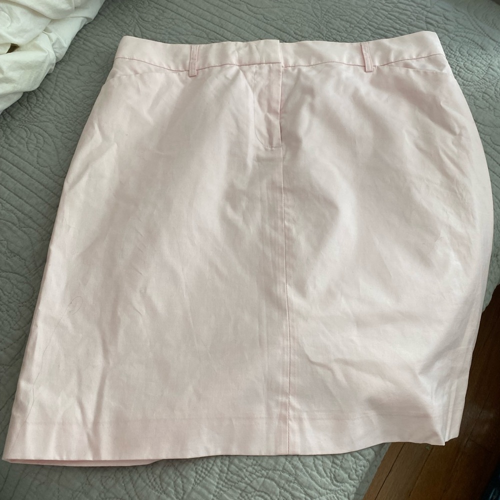 Pale pink skirt. 21 1/2 inches long, lined, pockets and belt loops.